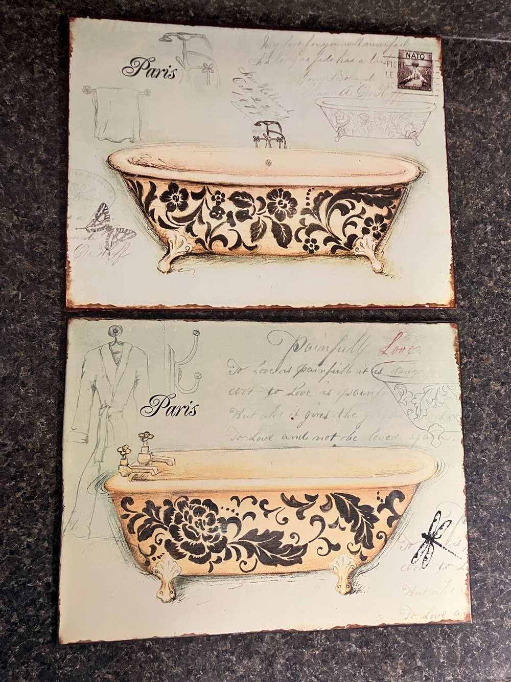 Set of 2 metal Paris bathtub pictures  vintage look